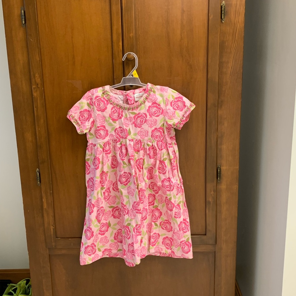 Hanna Andersson Pink Rose Print Dress with Green Leaves